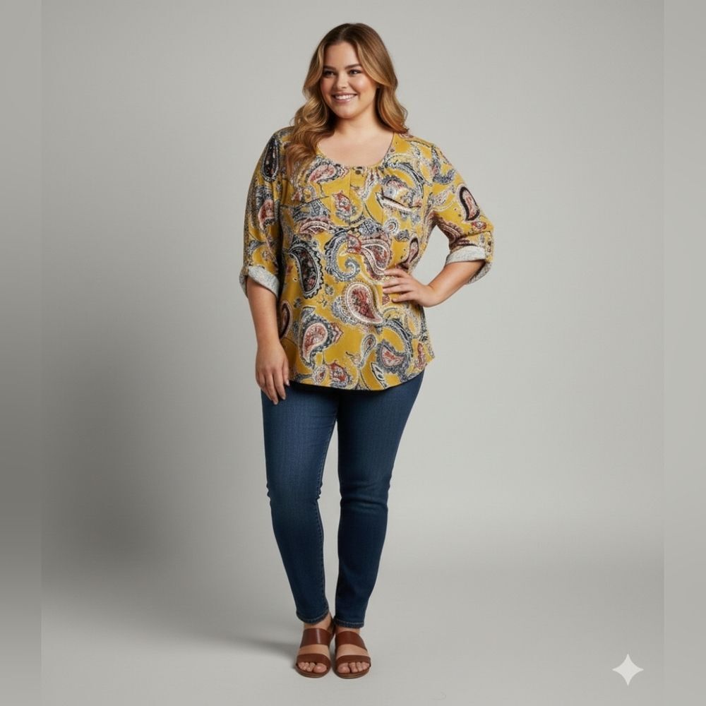 PerSeption Concept Women's Yellow Paisley Print Roll Tab 3/4 Sleeve Blouse Sz XL - Picture 4 of 11